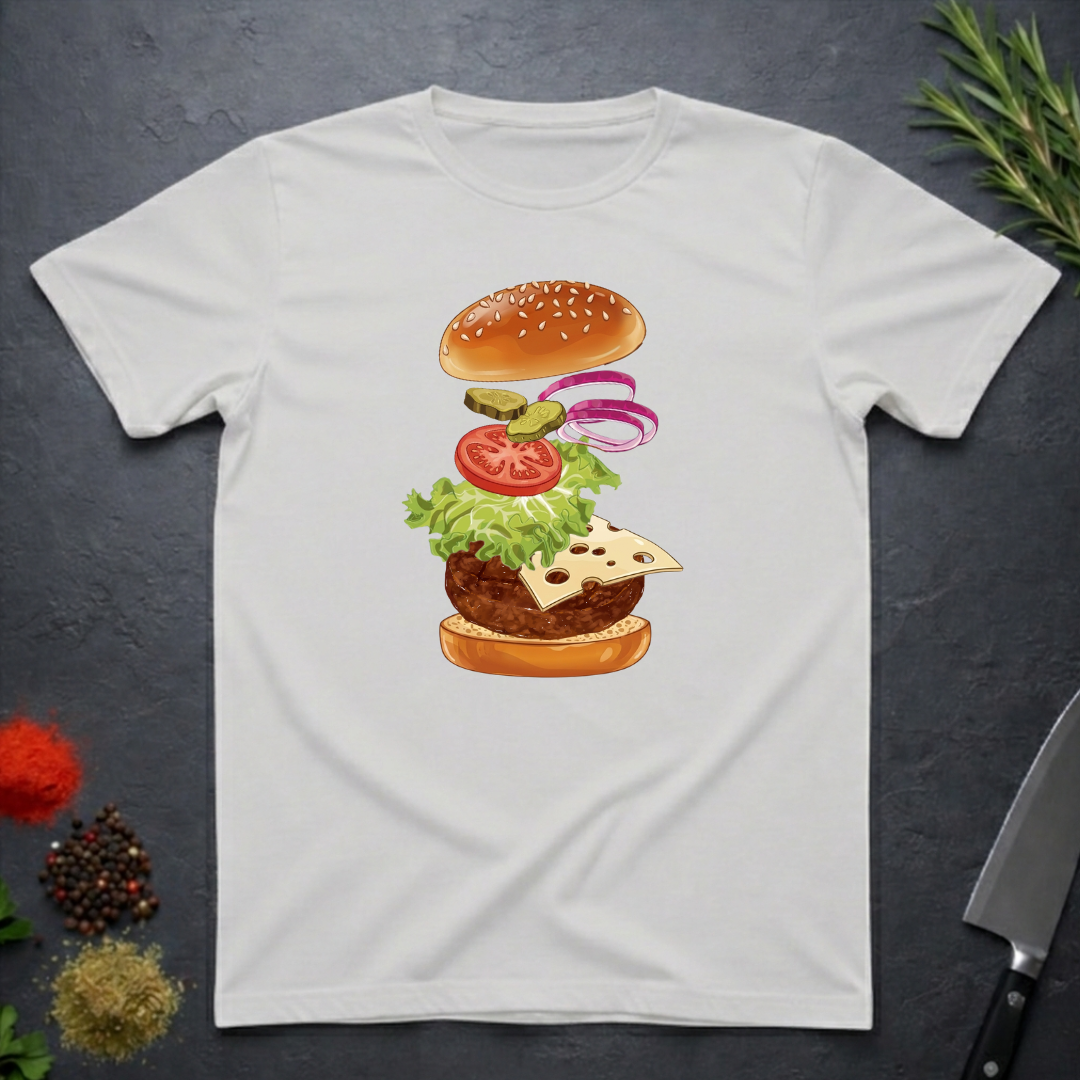 Ice Grey t-shirt with a colorful stacked burger ingredients graphic on a dark surface.