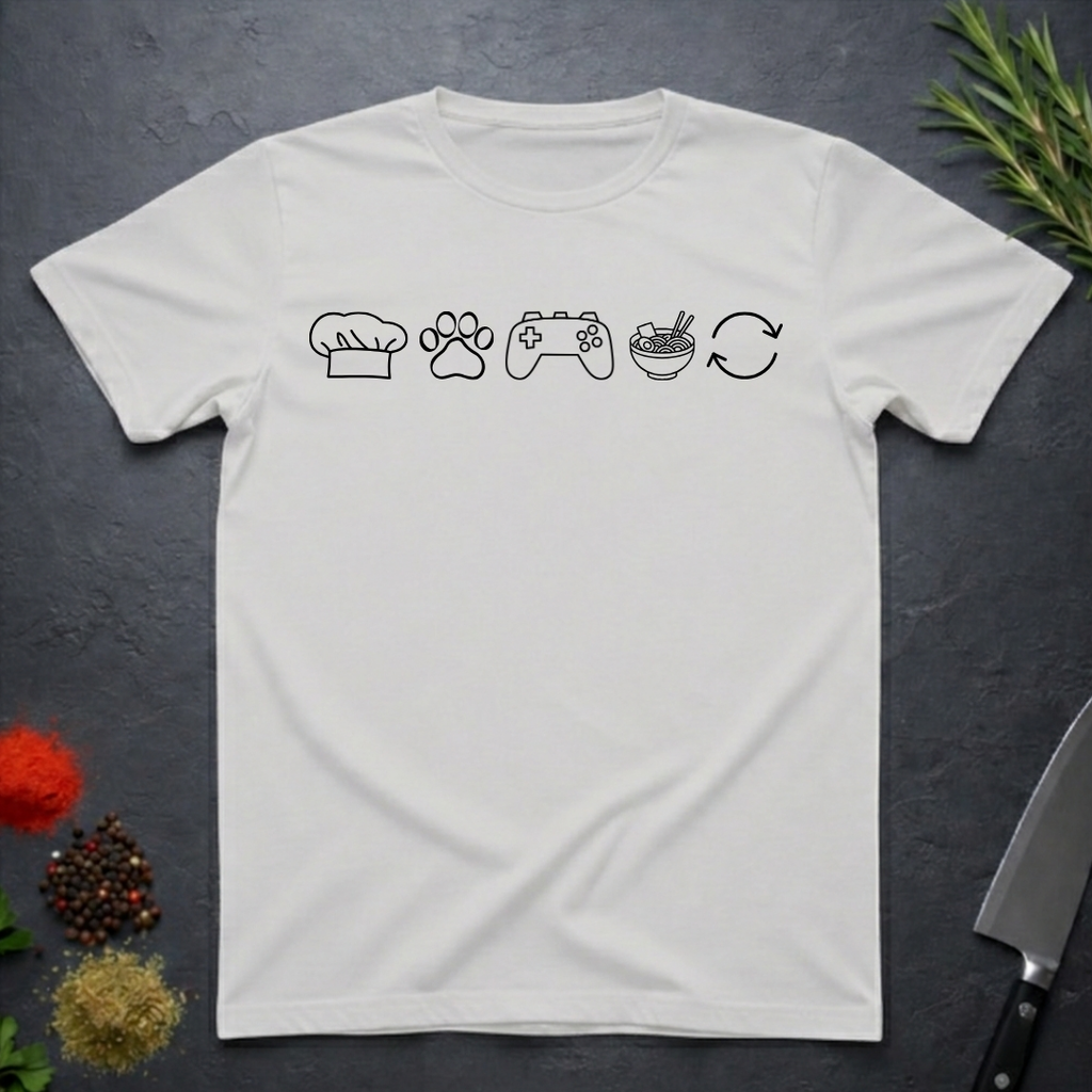 Ice grey t-shirt with black icons of chef hat, paw print, game remote, ramen bowl and repeat symbol on a dark surface.