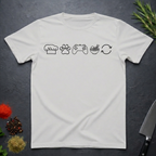 Ice grey t-shirt with black icons of chef hat, paw print, game remote, ramen bowl and repeat symbol on a dark surface.