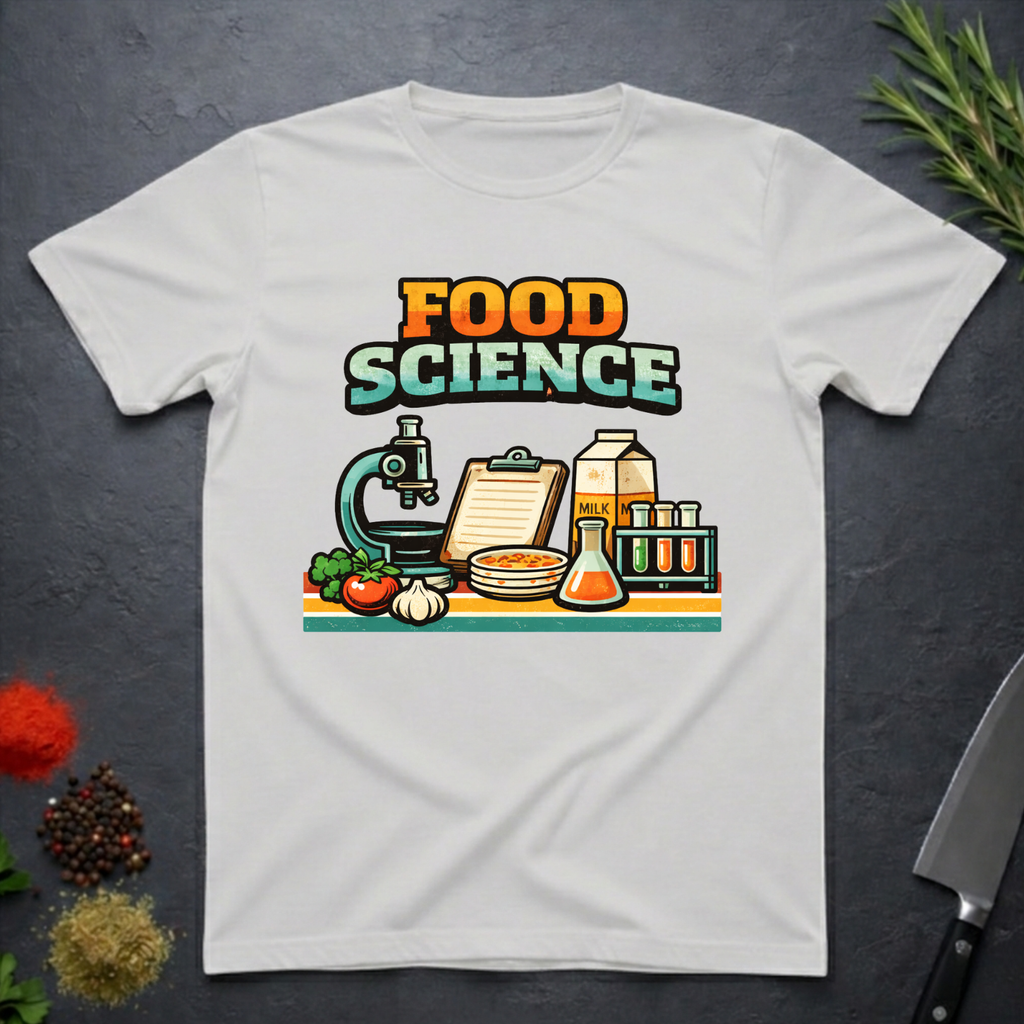 Ice Grey t-shirt with 'Food Science' graphic design on a dark surface with kitchen items.