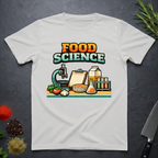 Ice Grey t-shirt with 'Food Science' graphic design on a dark surface with kitchen items.