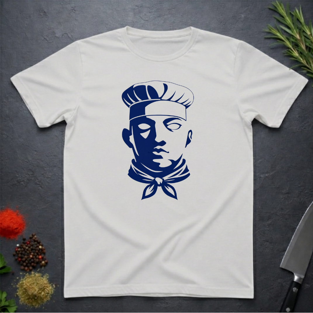 Ice Grey t-shirt with dark blue graphic chef face design on a dark surface with kitchen items.