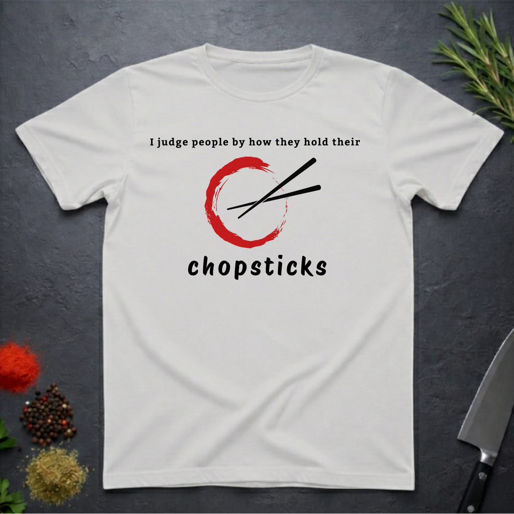 Ice grey t-shirt with Chopsticks graphic and text "I judge people by how they hold their chopsticks" on a dark surface with kitchen items.