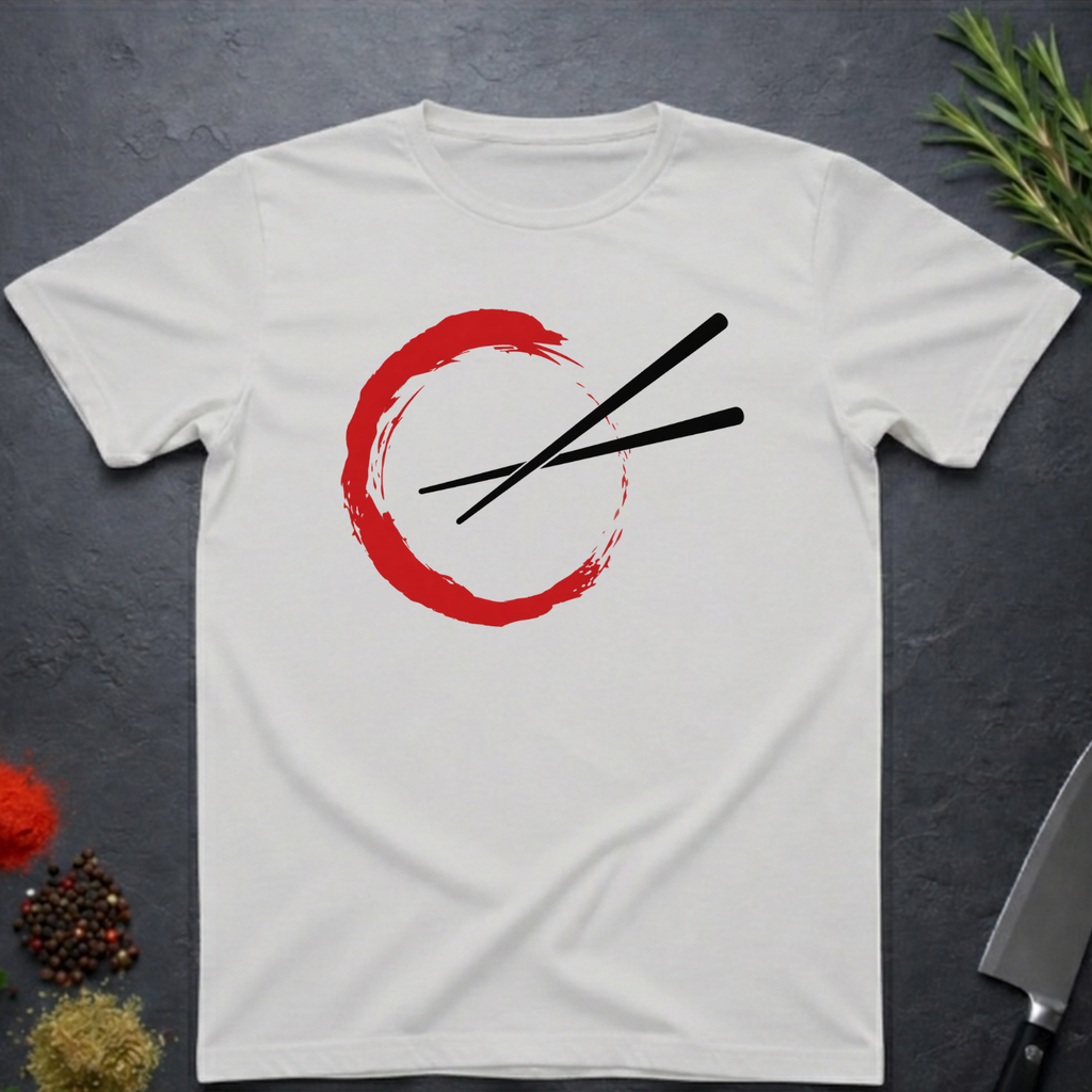 Ice Grey t-shirt with red circle and black chopsticks design on a dark surface.