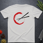 Ice Grey t-shirt with red circle and black chopsticks design on a dark surface.