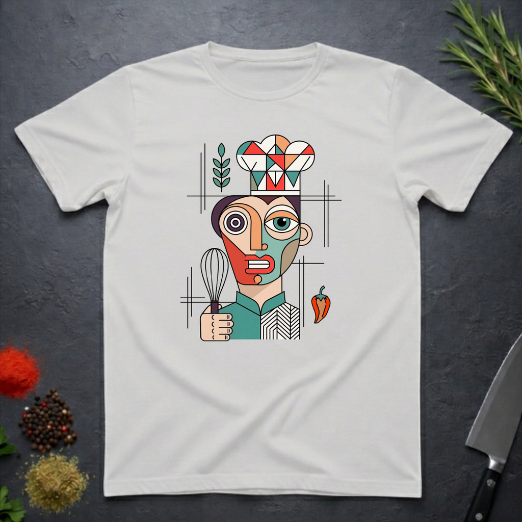 Ice Grey t-shirt with a colorful geometric abstract graphic design of a chef holding a whisk on a dark surface with kitchen items.