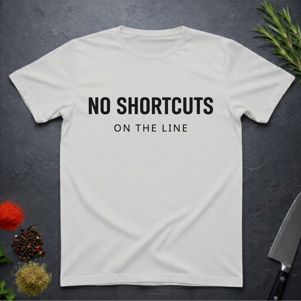 White t-shirt with 'NO SHORTCUTS ON THE LINE' text on a dark surface with decorative elements.