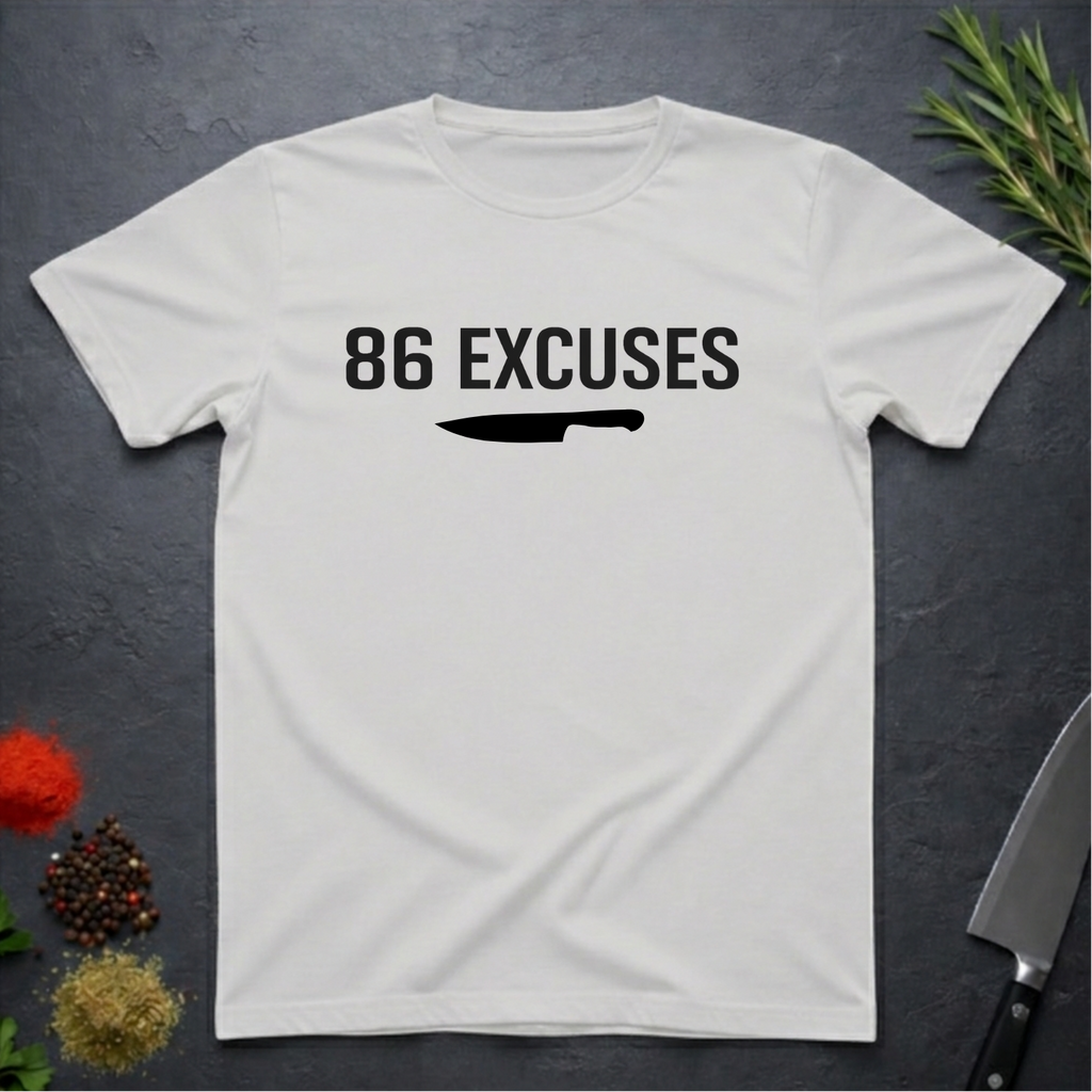 Ice Grey t-shirt with '86 Excuses' text and a knife graphic on a dark surface.