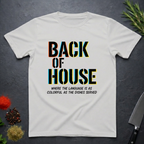 Ice Grey t-shirt with 'Back of House' text on a dark surface with decorative elements.