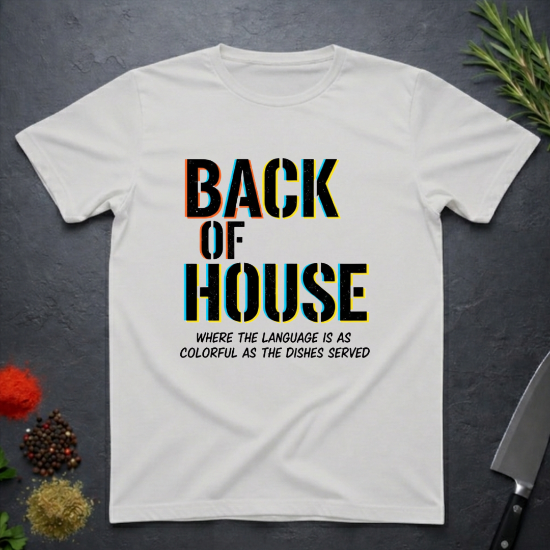 Ice Grey t-shirt with 'Back of House' text on a dark surface with decorative elements.