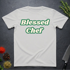 Ice Grey t-shirt with 'Blessed Chef' text on a dark surface with kitchen items.
