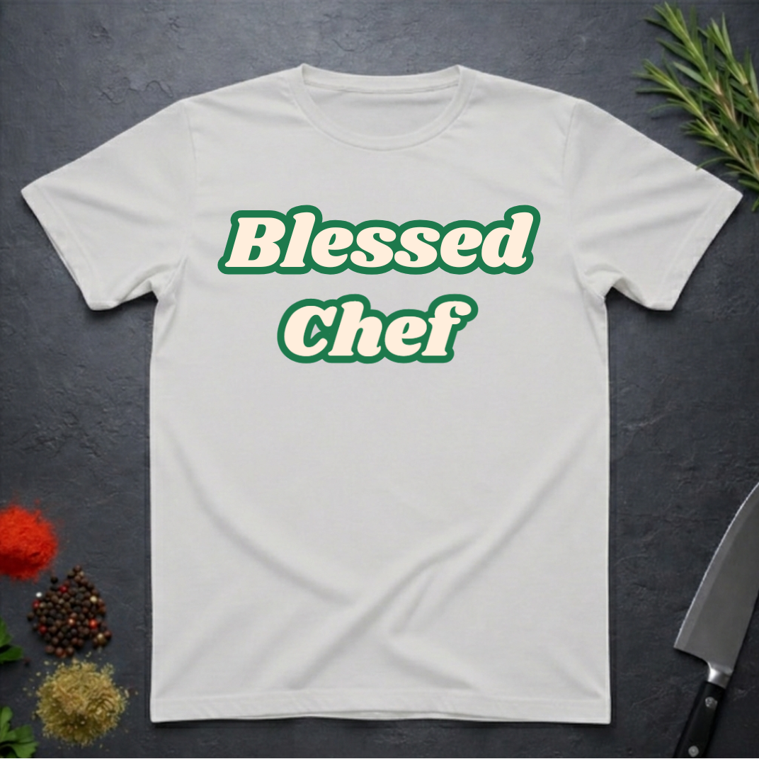 Ice Grey t-shirt with 'Blessed Chef' text on a dark surface with kitchen items.
