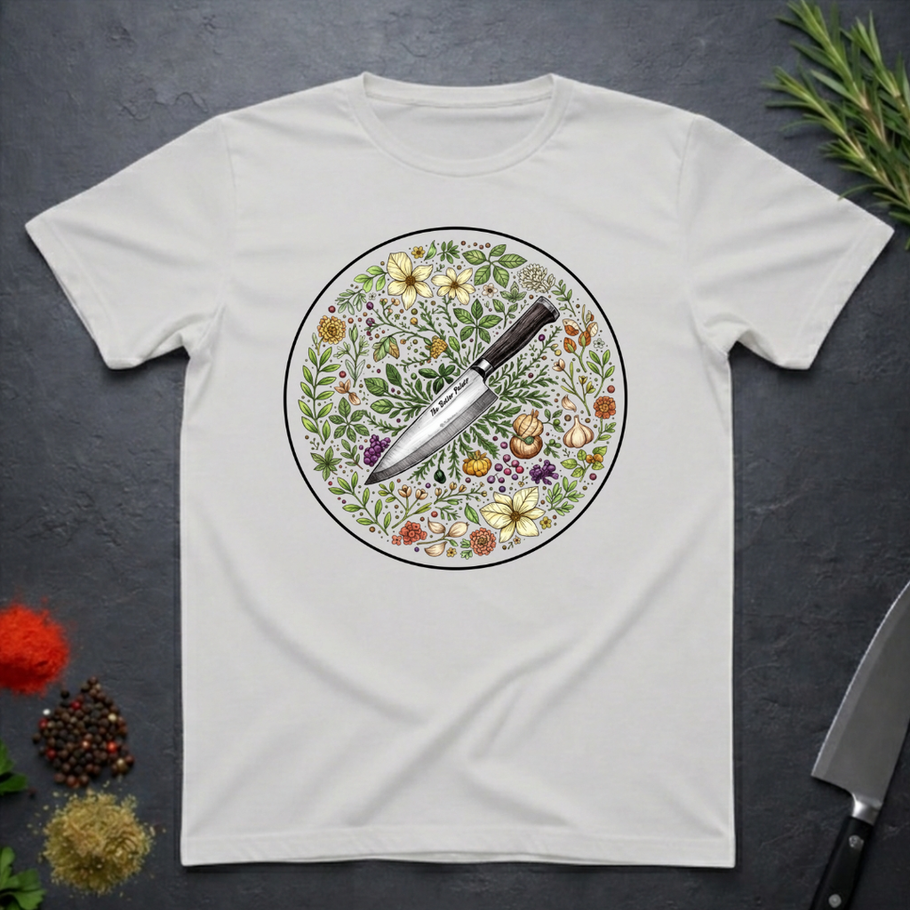 Ice grey t-shirt with a circular knife and colored floral design on a dark surface.