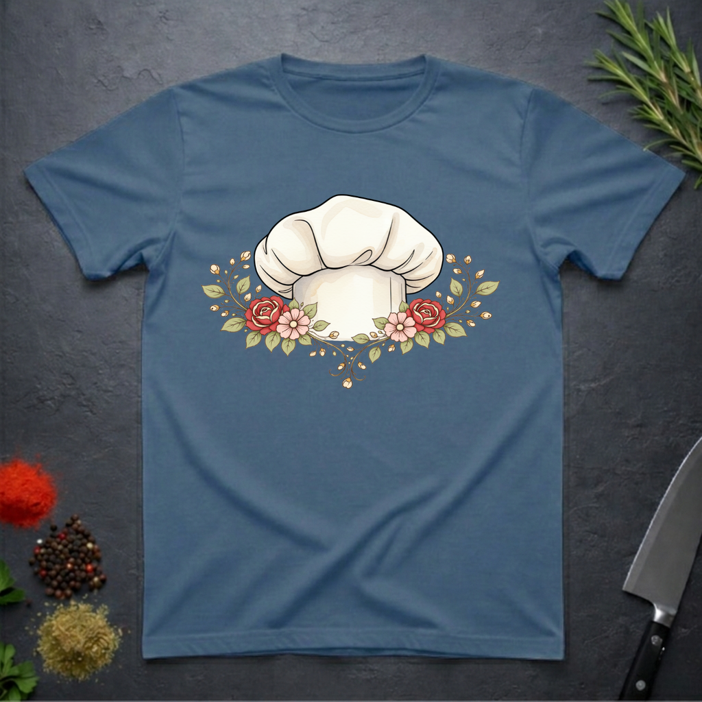 Indigo Blue t-shirt with a chef's hat and floral design on a dark surface.