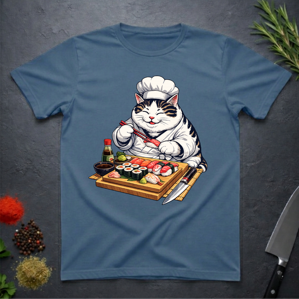 Indigo blue t-shirt with a cat chef graphic rand sushi board on a dark surface.