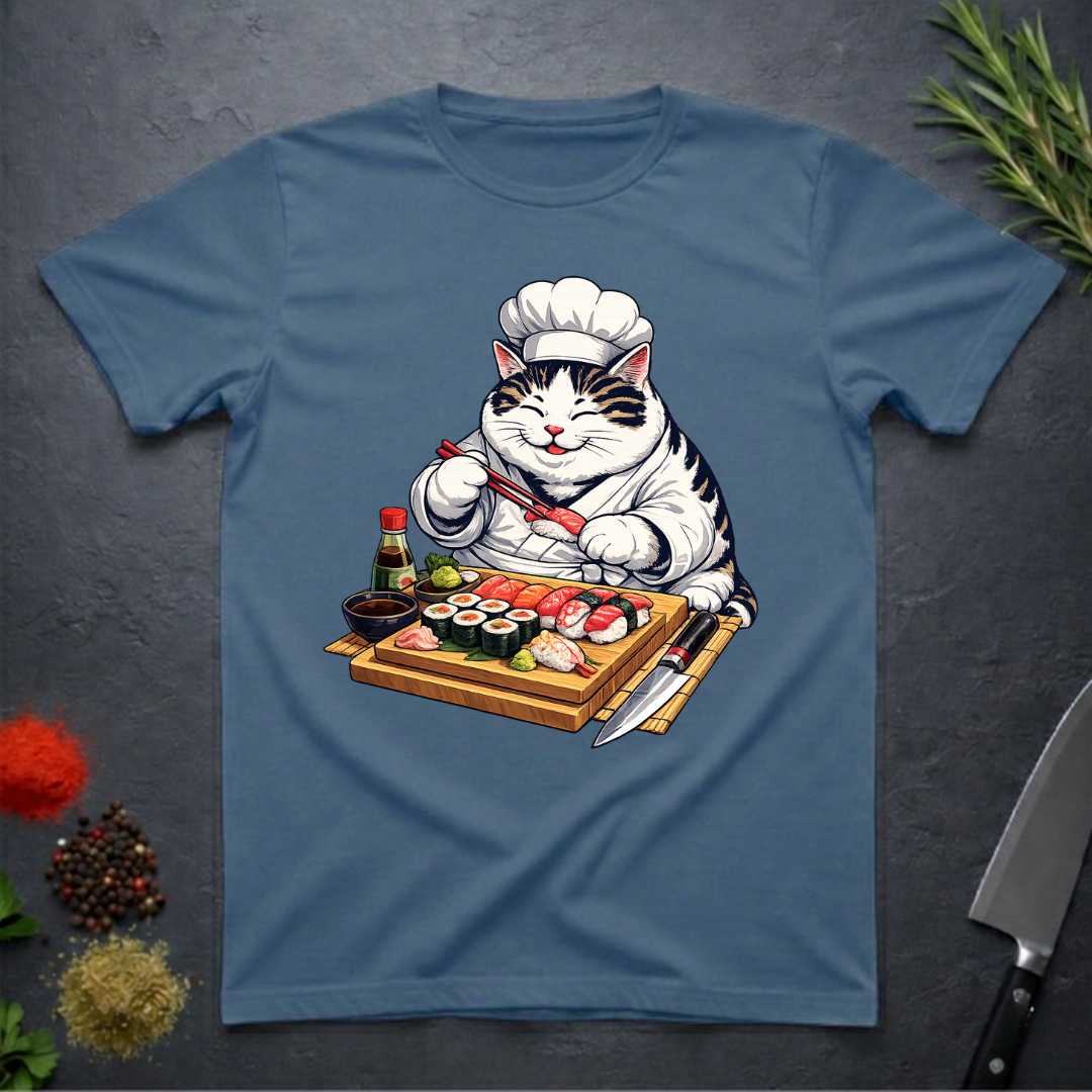 Indigo blue t-shirt with a cat chef graphic rand sushi board on a dark surface.