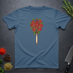 Indigo Blue t-shirt with a design of a whisk and roses as a bouquet on a dark surface.