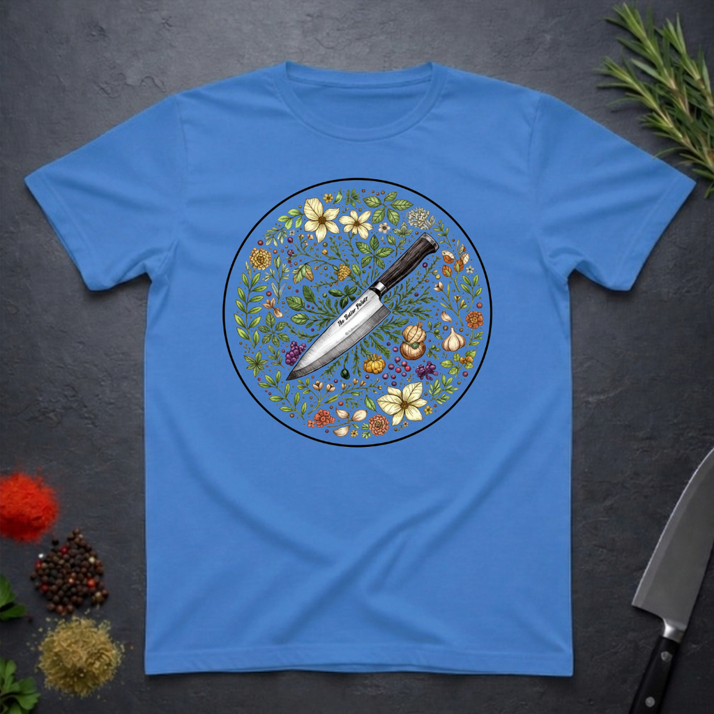 Iris blue t-shirt with a circular knife and colored floral design on a dark surface.
