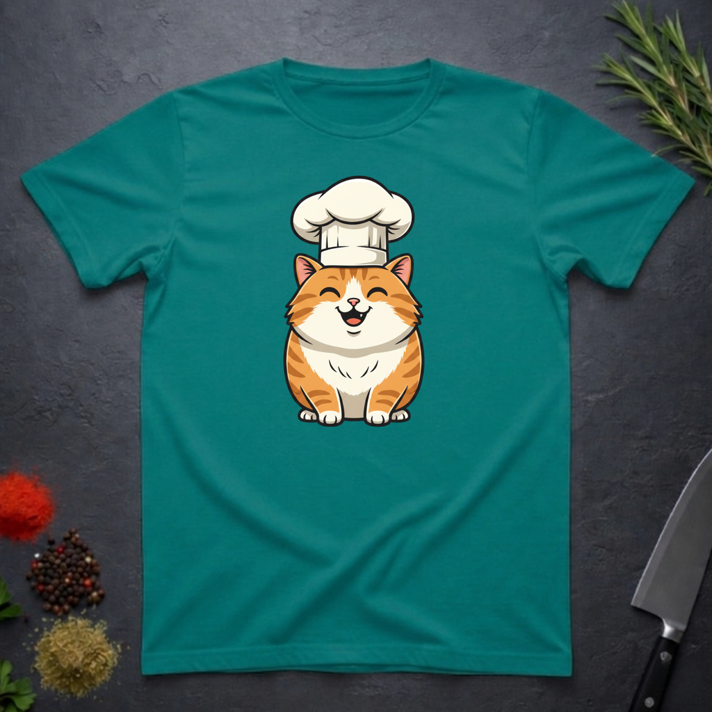 Jade Dome colored t-shirt with an orange cartoon cat wearing a chef's hat on a dark surface.