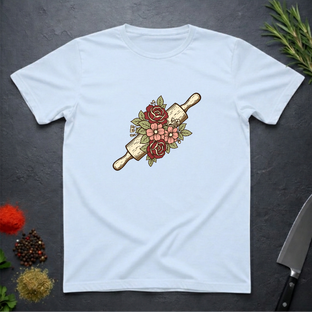  Light blue t-shirt with a rolling pin and floral design on a dark surface.