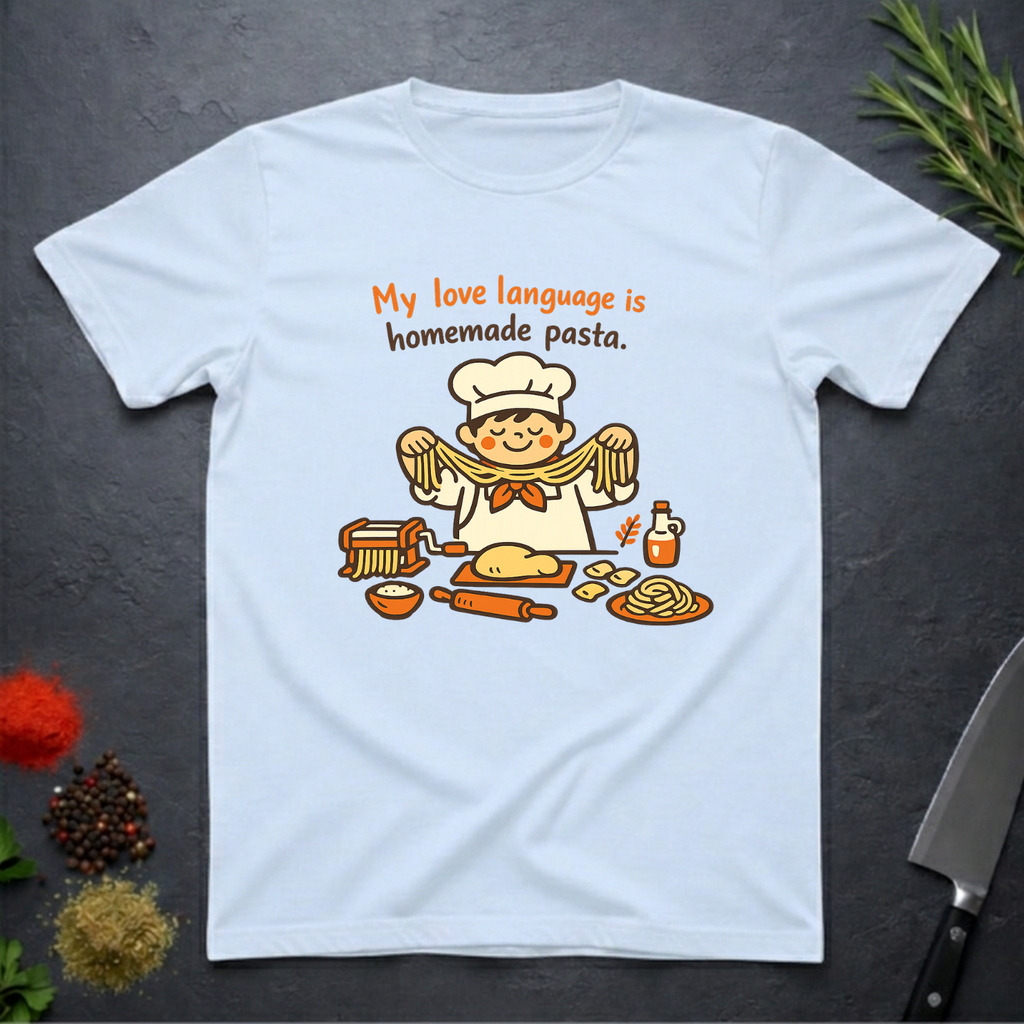 Light blue t-shirt with a cartoon chef and pasta graphic on a dark surface with text "My love language is homemade pasts" on a dark surface.