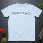 Light blue t-shirt with black icons of chef hat, paw print, game remote, ramen bowl and repeat symbol on a dark surface.