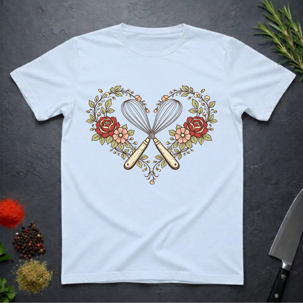 light blue t-shirt with a design of crossed kitchen utensils and flowers on a dark surface.