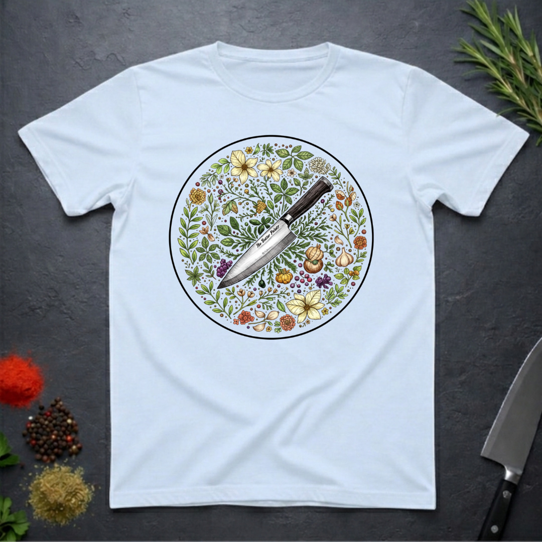 Light blue t-shirt with a circular knife and colored floral design on a dark surface.