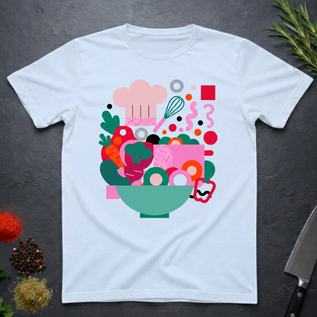 Light Blue t-shirt with colorful modern abstract kitchen-themed graphic on a dark surface.