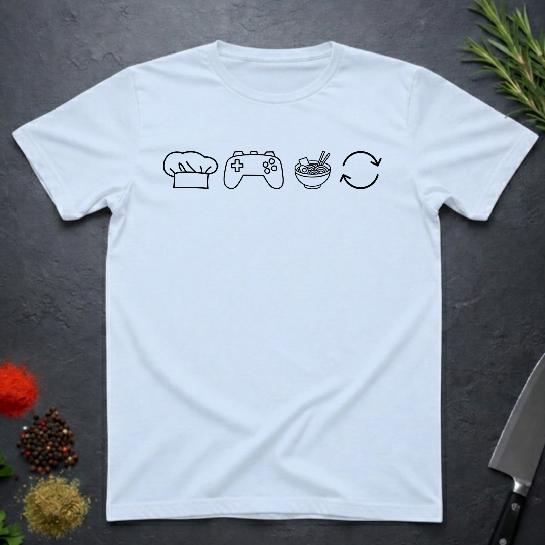 Light blue t-shirt with black icons of chef hat, game remote, ramen bowl and repeat symbol on a dark surface.