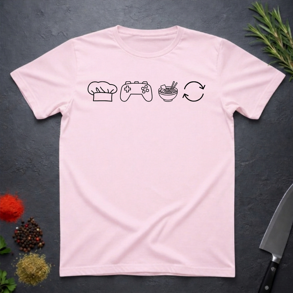 Light pink t-shirt with black icons of chef hat, game remote, ramen bowl and repeat symbol on a dark surface.