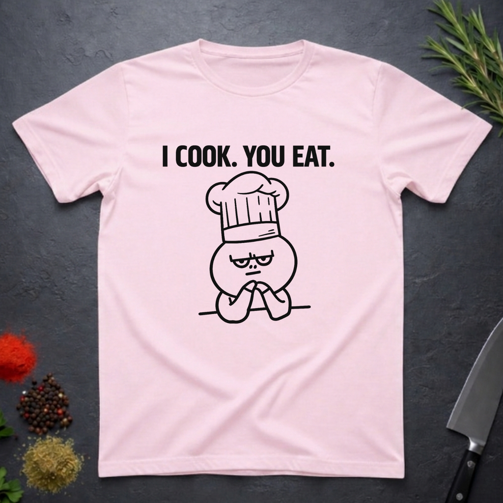 Light pink t-shirt with a graphic and text 'I COOK. YOU EAT.' on a dark surface.