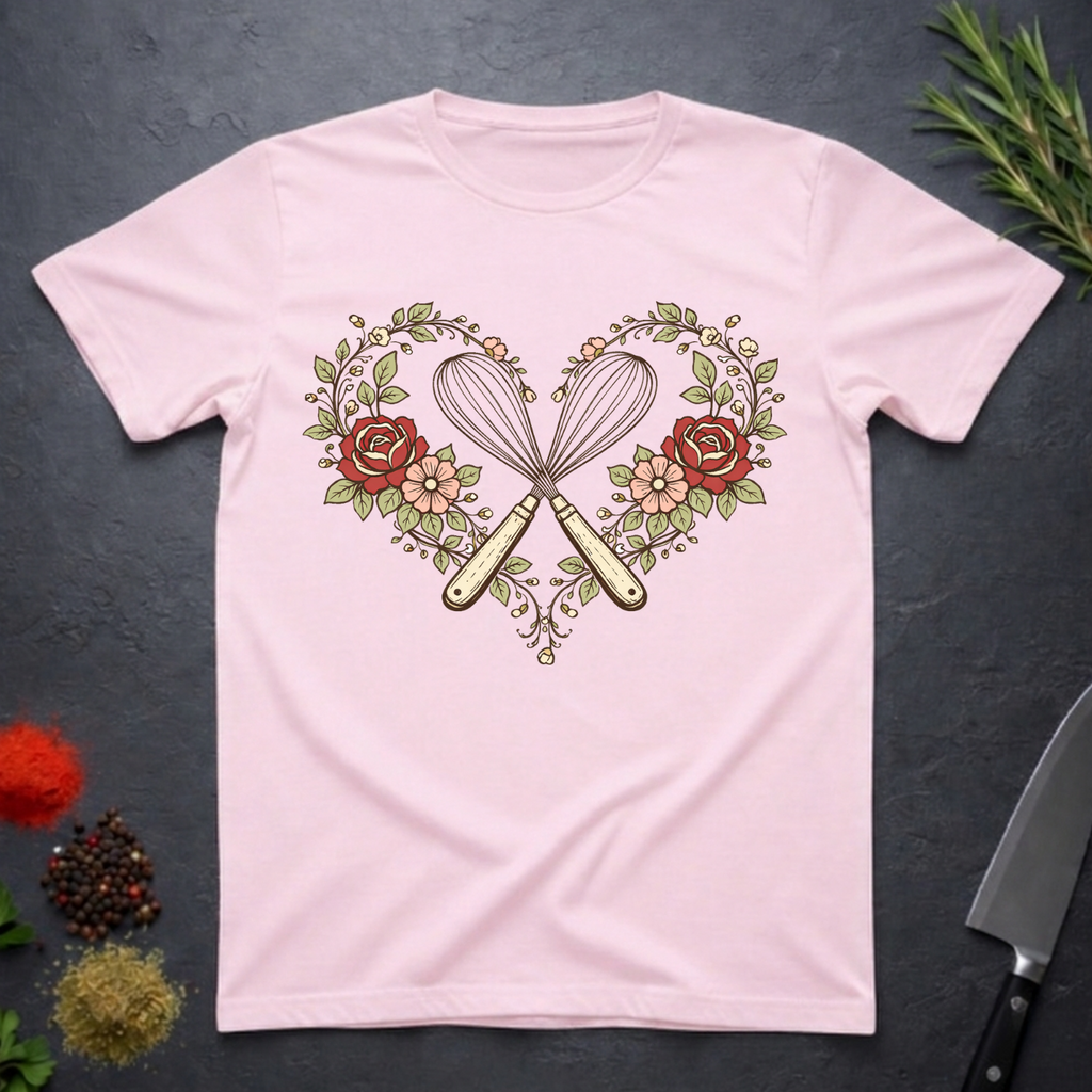 Light Pink t-shirt with a heart design featuring crossed whisks and flowers on a dark surface.