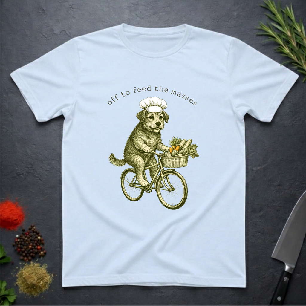 Light blue t-shirt with a graphic of a dog riding a bicycle with vegetables and text 'off to feed the masses' on a dark surface.