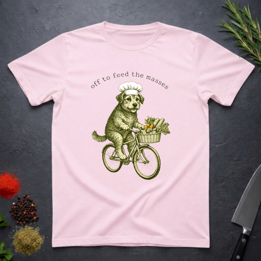 Light Pink t-shirt with a graphic of a dog on a bicycle carrying vegetables and text 'off to feed the masses' on a dark surface.