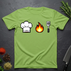 Lime Green t-shirt with pixelated chef hat, flame, and spatula icons on a dark surface.