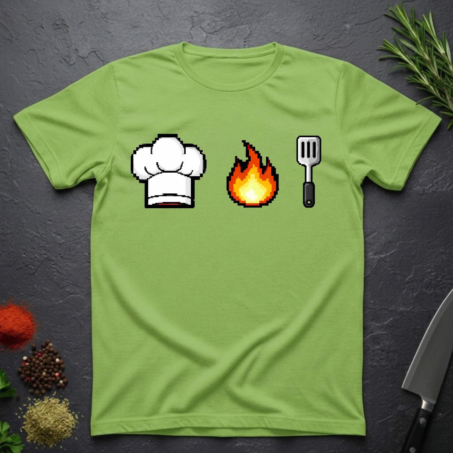 Lime Green t-shirt with pixelated chef hat, flame, and spatula icons on a dark surface.