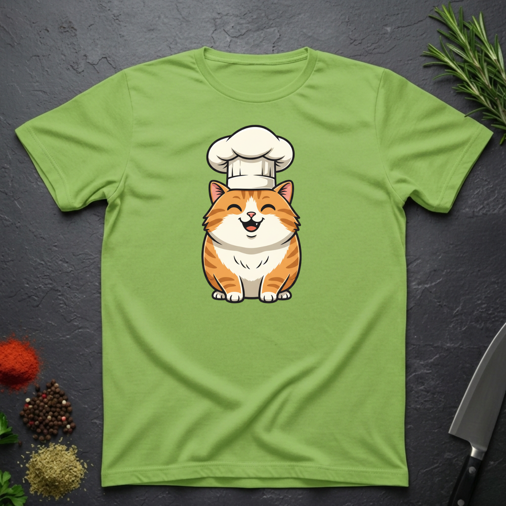 Lime green t-shirt with an orange cartoon cat wearing a chef's hat on a dark surface.