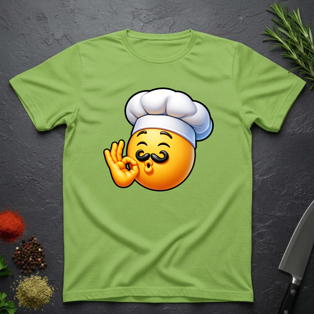 Lime Green t-shirt with a chef kiss emoji design on a dark surface with kitchen items.