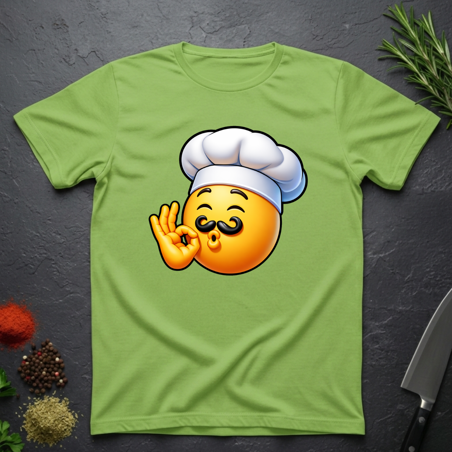 Lime Green t-shirt with a chef kiss emoji design on a dark surface with kitchen items.