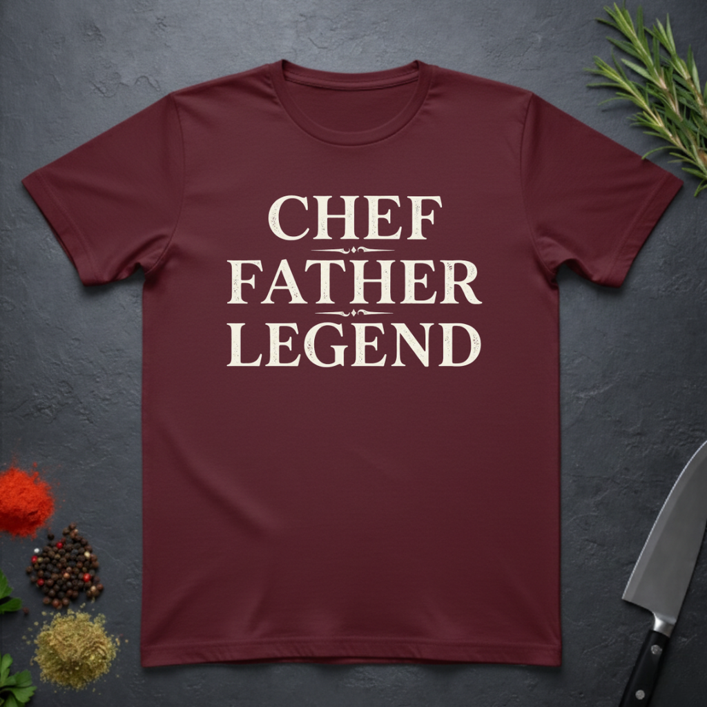 Maroon t-shirt with 'CHEF FATHER LEGEND' text on a dark surface with kitchen items.