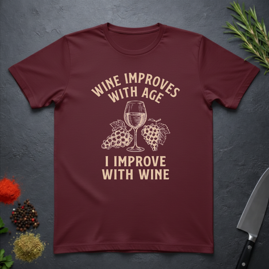Maroon t-shirt with text "Wine Improves With Age. I Improve With Wine" in an off-white bold font. Image of wine glass and grape bunches separate text. From the Bitter Palate brand.