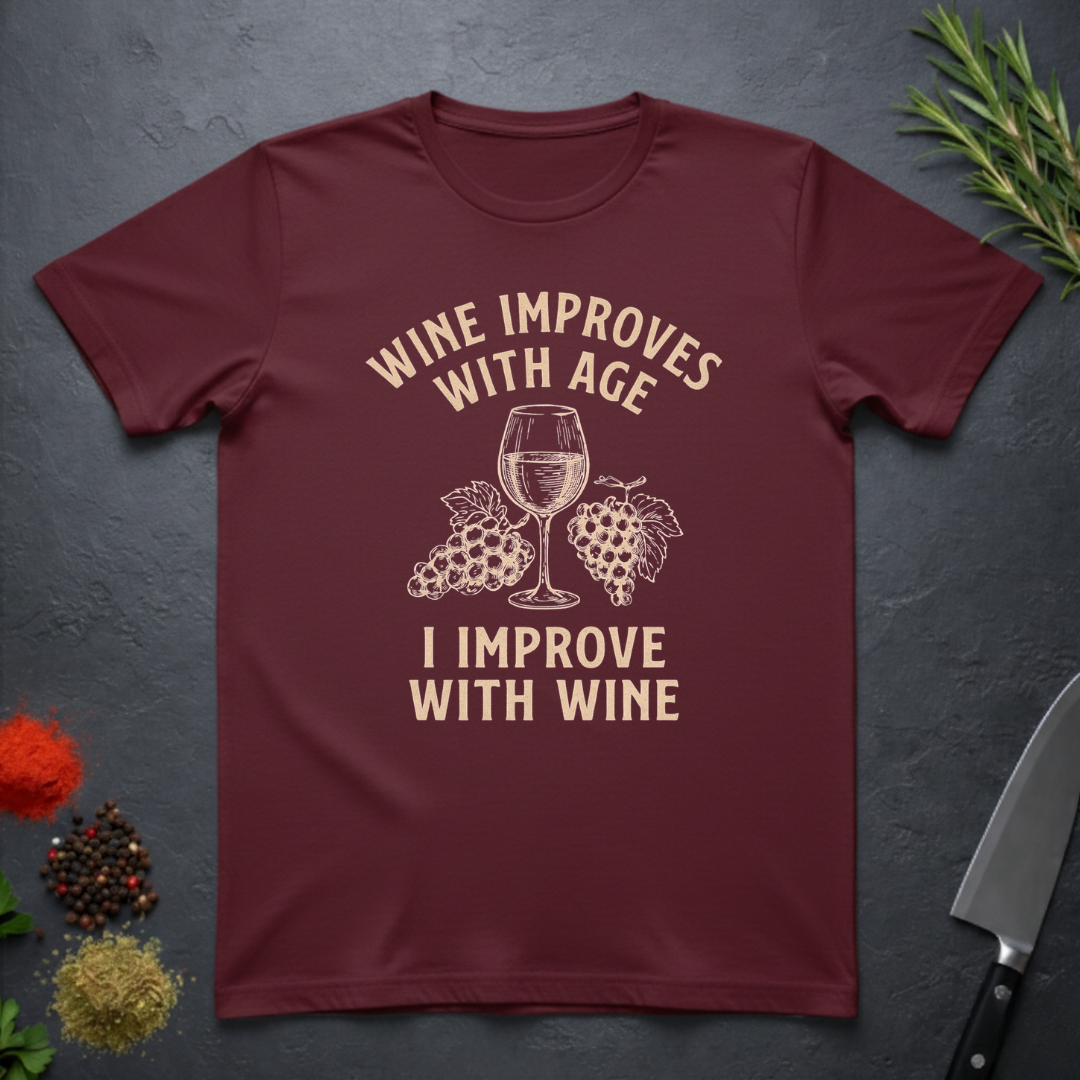 Maroon t-shirt with text "Wine Improves With Age. I Improve With Wine" in an off-white bold font. Image of wine glass and grape bunches separate text. From the Bitter Palate brand.