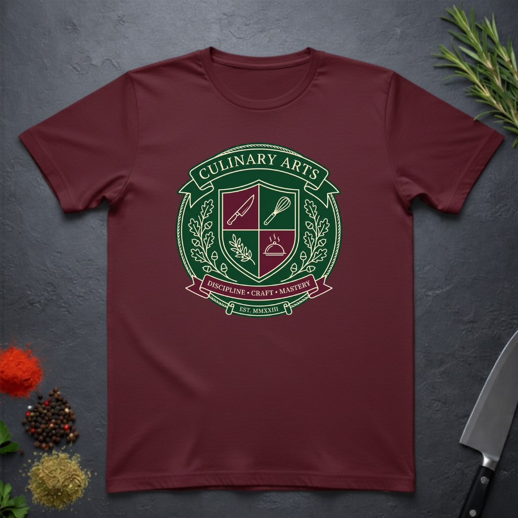 Maroon t-shirt with a 'Culinary Arts' badge graphic on a dark surface with kitchen items.