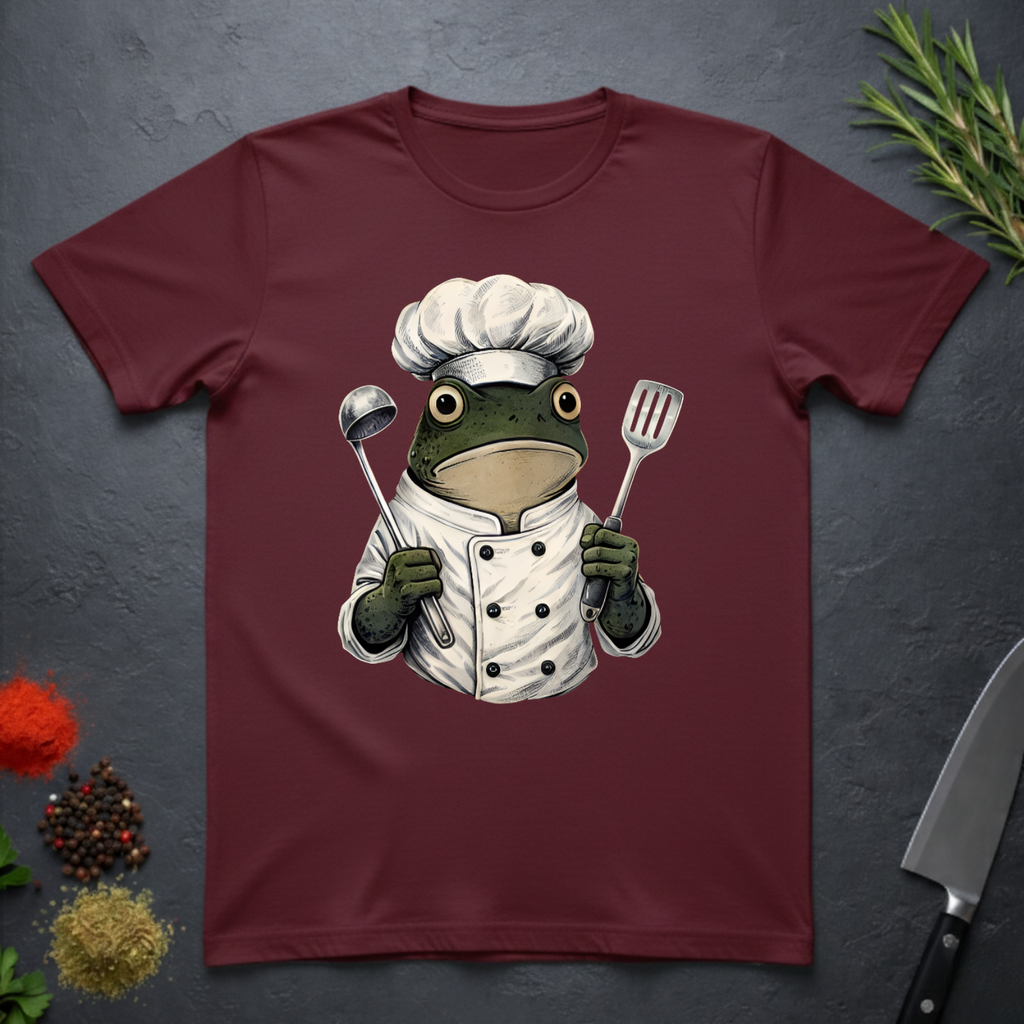 Maroon t-shirt with a frog chef holding utensils design on a dark surface.