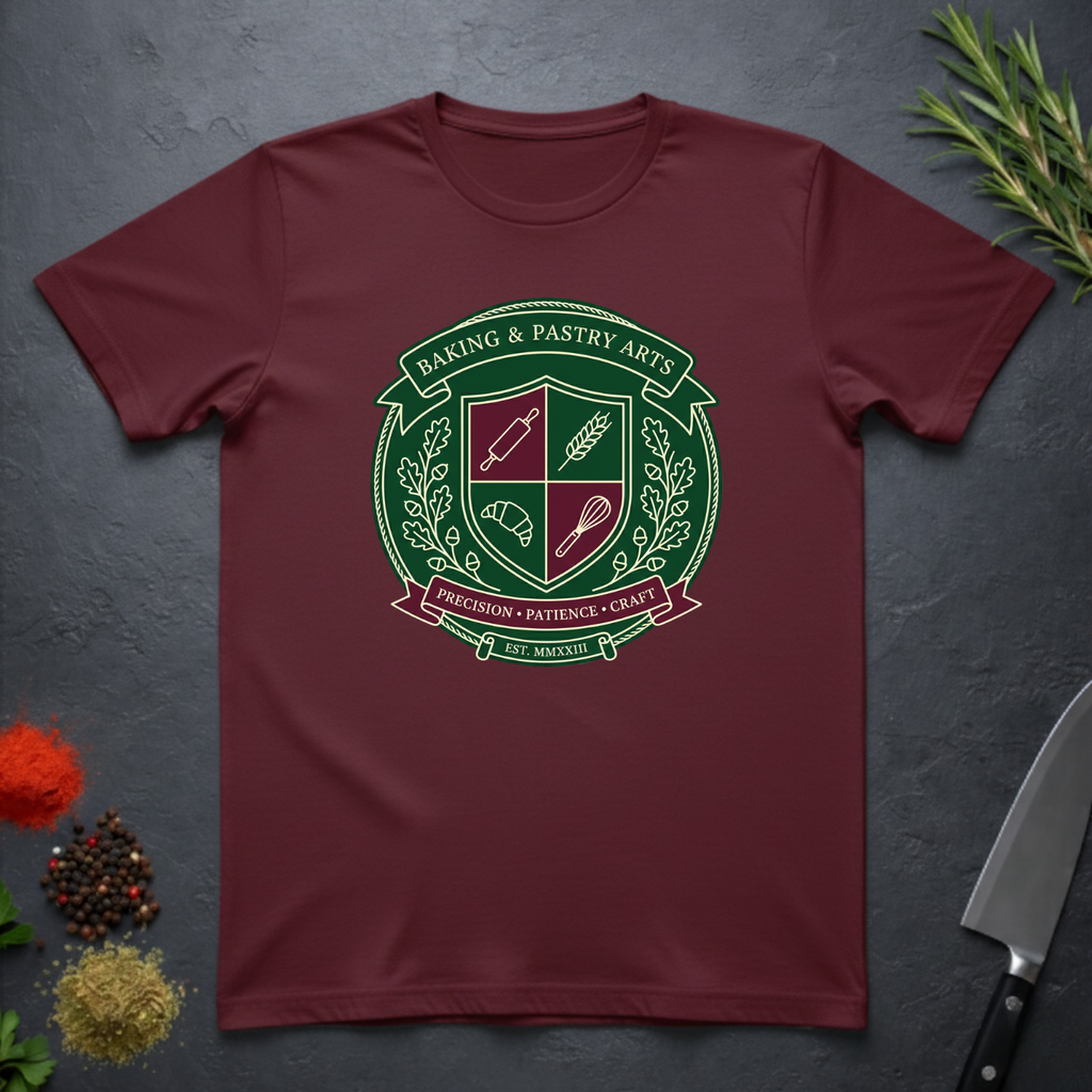 Maroon t-shirt with a crest design for baking and pastry arts on a dark surface with kitchen items.