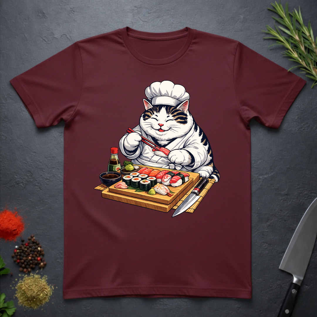 Maroon t-shirt with a cat chef graphic rand sushi board on a dark surface.