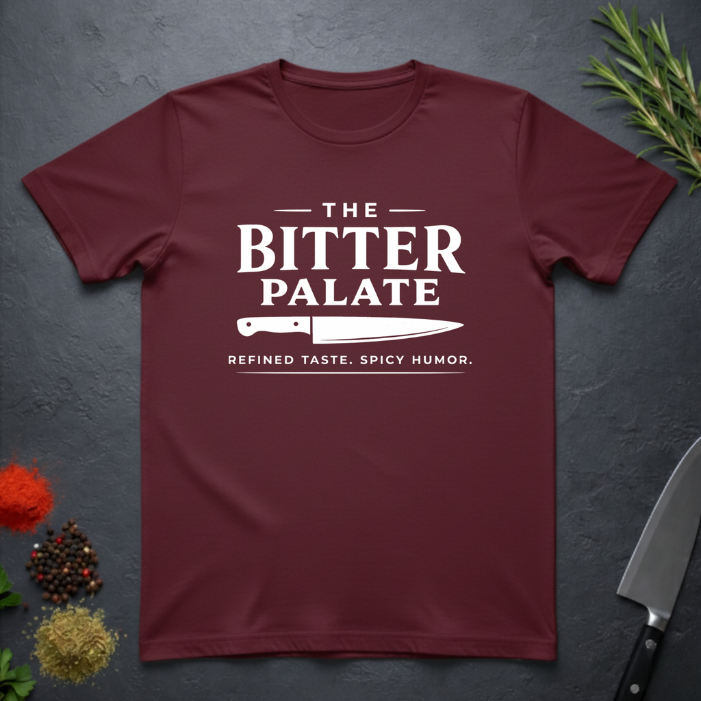 Maroon t-shirt with 'The Bitter Palate' logo on a dark surface with kitchen items.