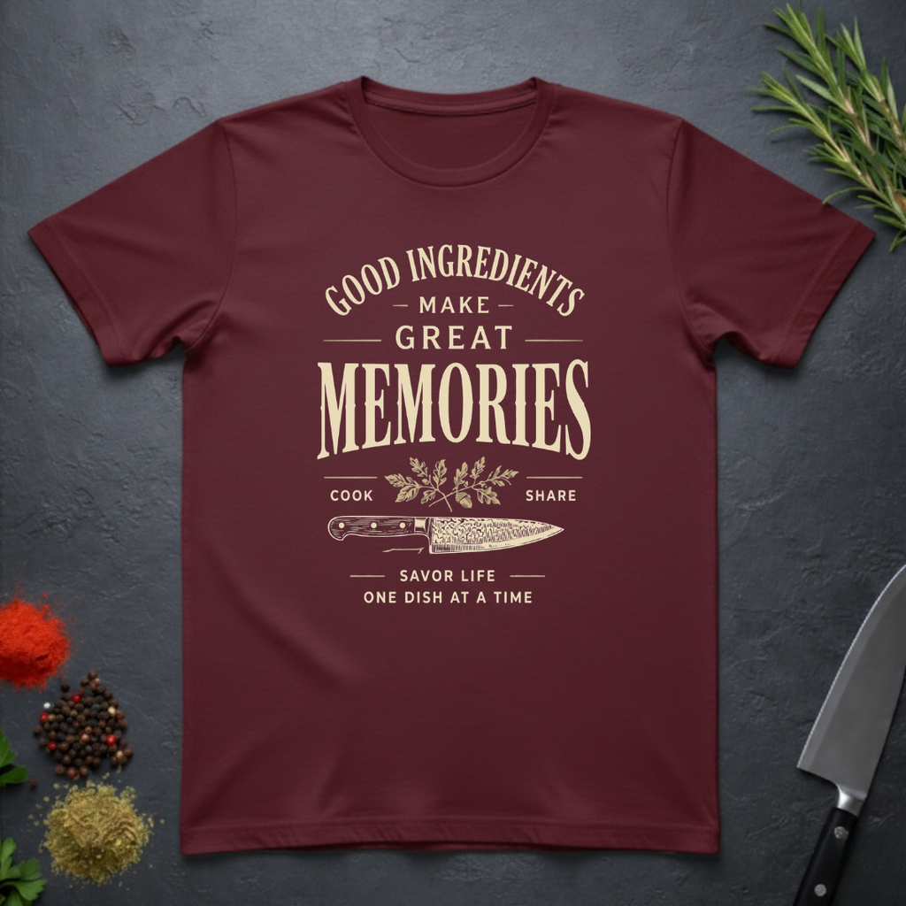 Maroon t-shirt with text "Good Ingredients Make great Memories" in an off-white bold font from the Bitter Palate brand.