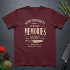 Maroon t-shirt with text "Good Ingredients Make great Memories" in an off-white bold font from the Bitter Palate brand.
